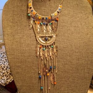 Tribal feather tassels & multi color translucent bead statement necklace earring